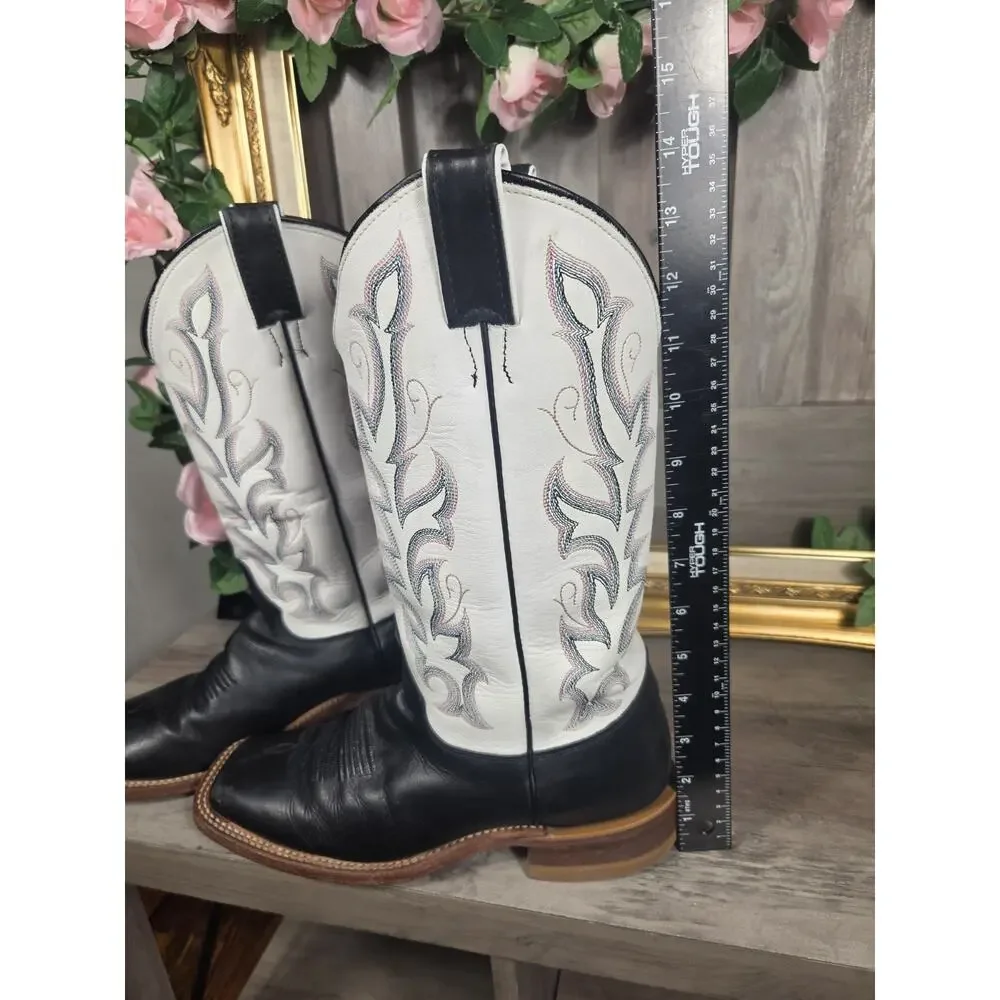 Justin BRL313 Women's 9B Black White Leather Western Cowboy Boots Square Toe USA